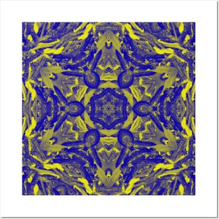 Abstract kaleidoscope of wattle blooms on textured background Posters and Art